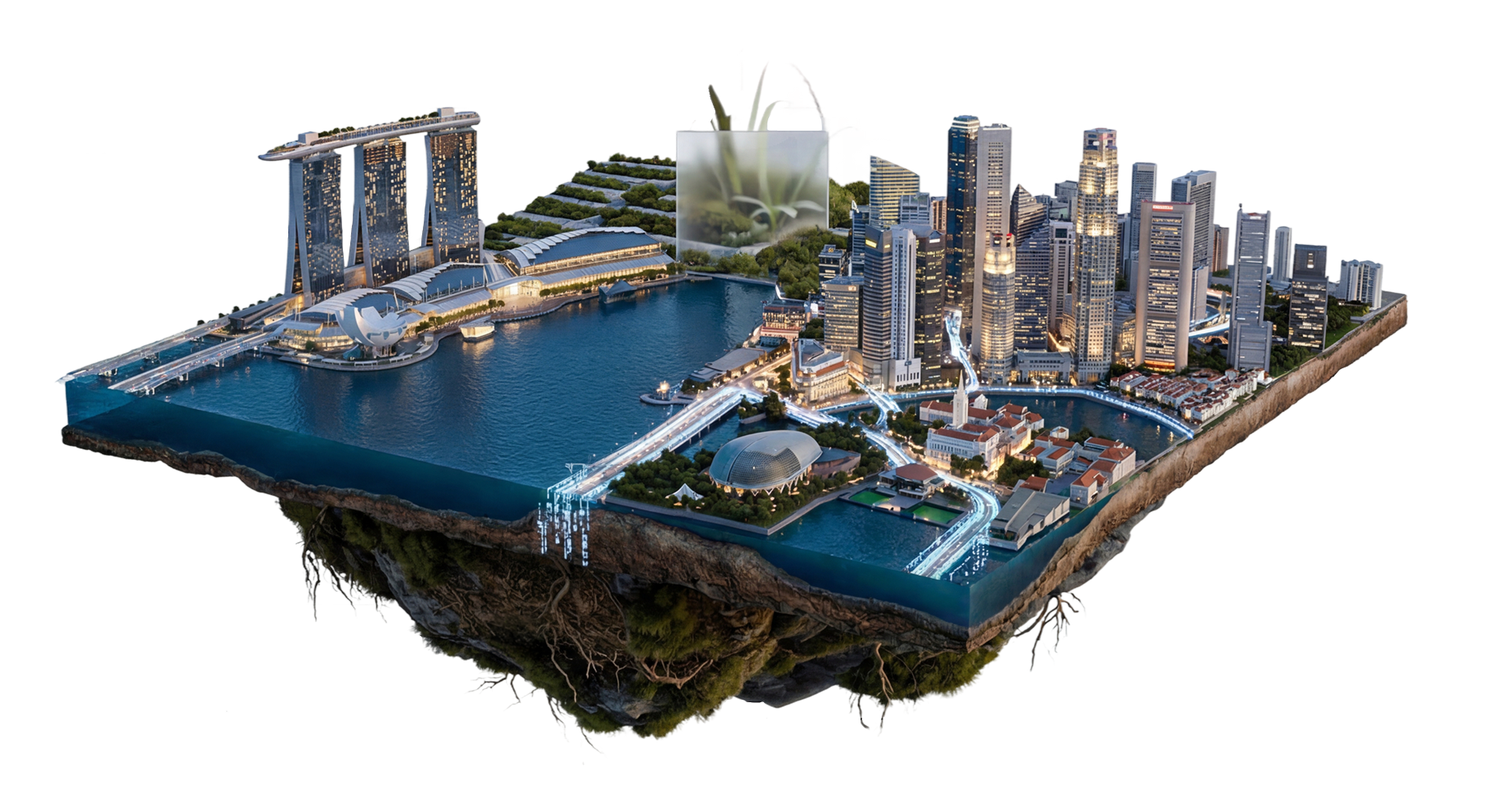 3D render of Singapore Marina Bay as a floating city island, representing digital infrastructure
