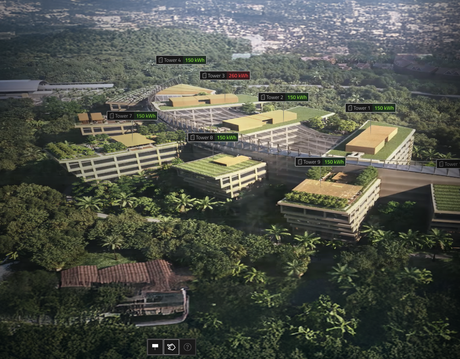Aerial view of a low-rise green-roof building cluster